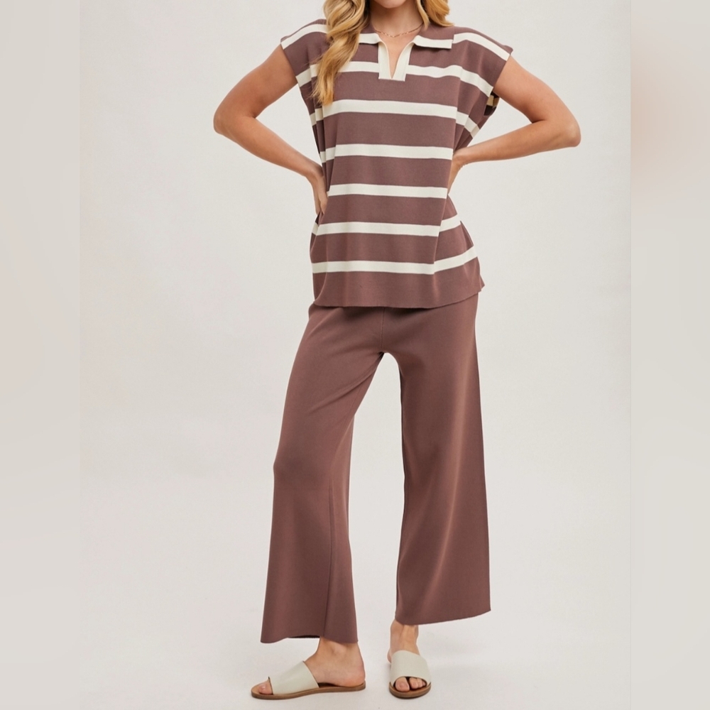 #68286 🛑 S,M,L HIGH END Striped Polo Knit Top and Straight Leg Pants 2pc Set